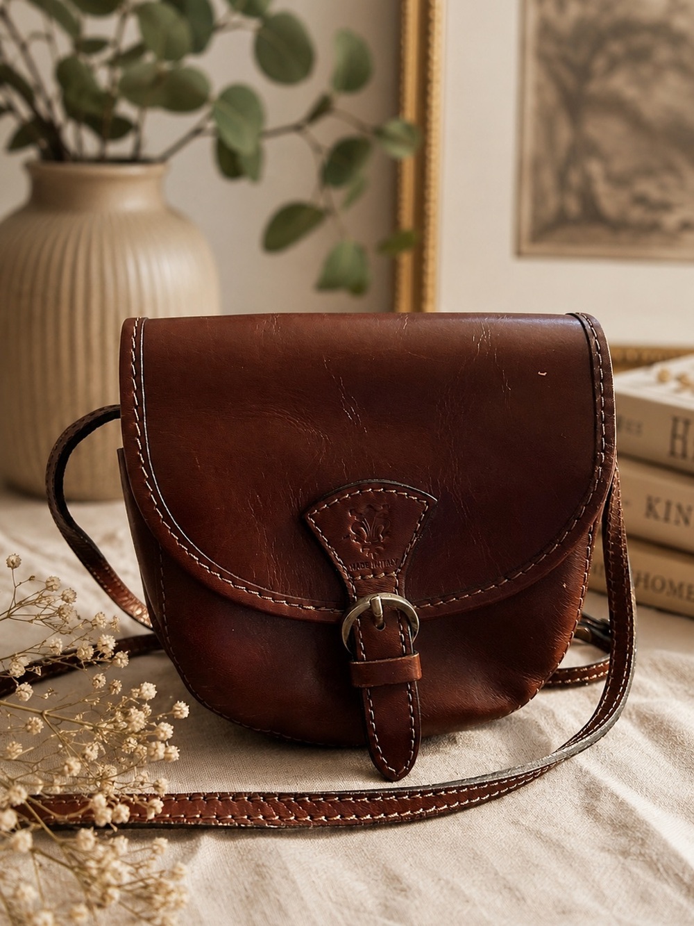 Vintage Italian Genuine Leather Crossbody Saddle Bag in Brown